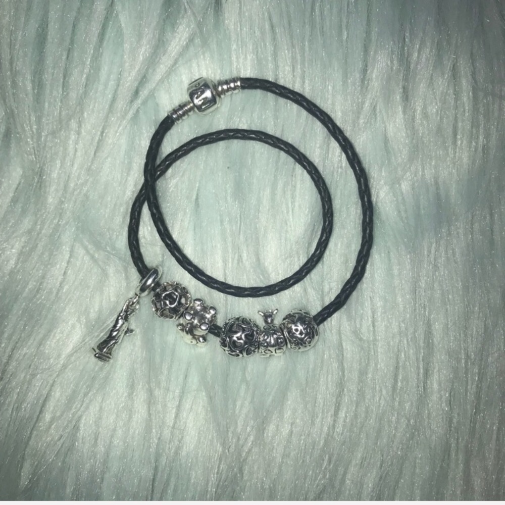 Pandora black leather rope bracelet with 6 charms!
